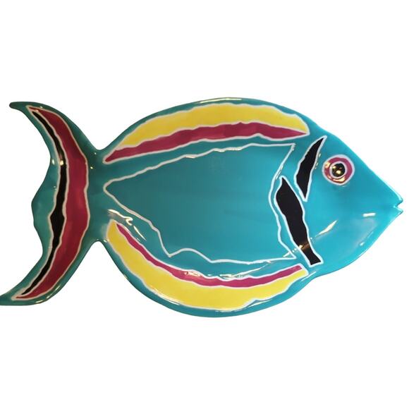 Decorative Tropical Fish Serving Plate Glazed Pottery Green Red Yellow 18x10x1.5 - Picture 1 of 8